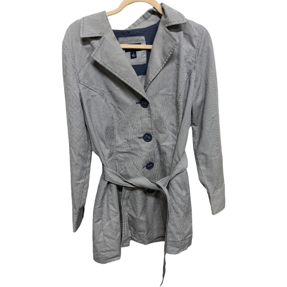 Sonoma Life + Style Women's Medium Striped Belted Trench Coat Blue Lightweight